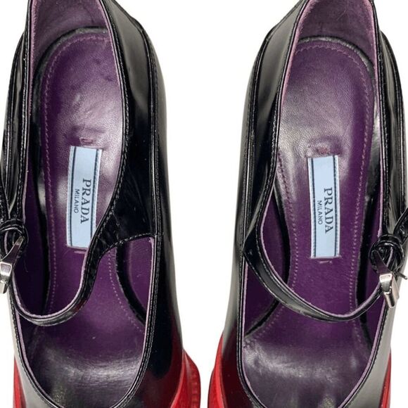 Prada Mary Jane Runway 2012 Black Leather Red Rubber Cap Toe Heels EU 37 Pumps - Picture 3 of 8